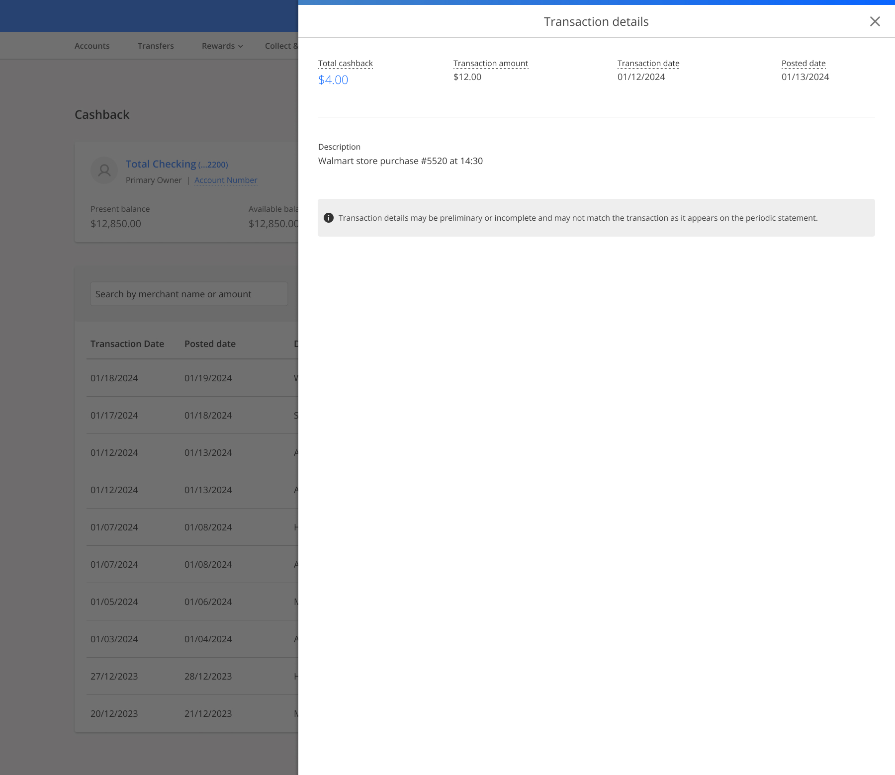 OneBank cashback flyout